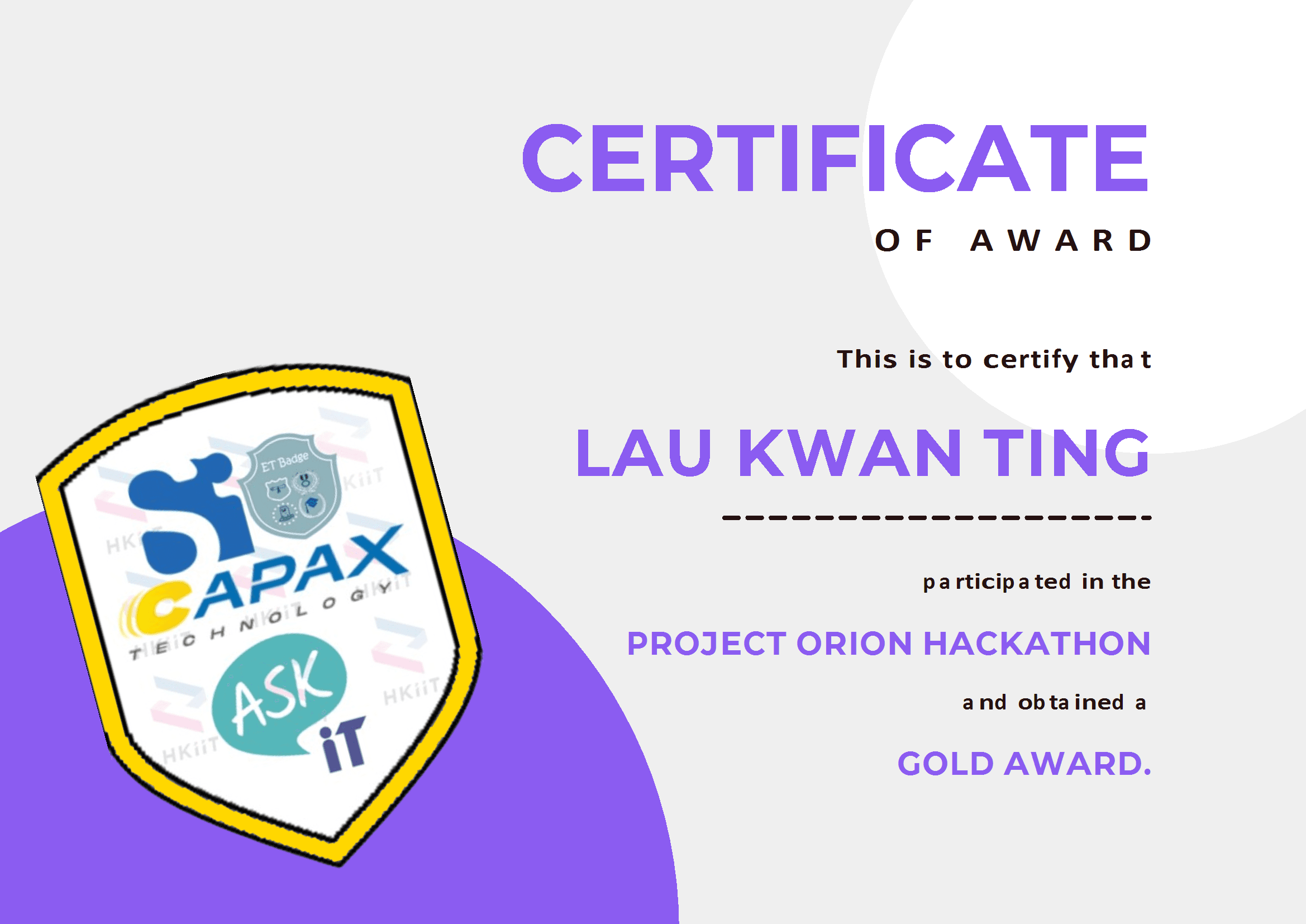 Gold Award - Project Orion Hackathon